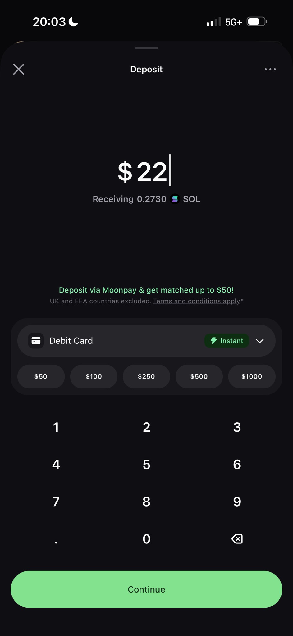 Pump deposit amount screen showing a 22 dollar SOL purchase