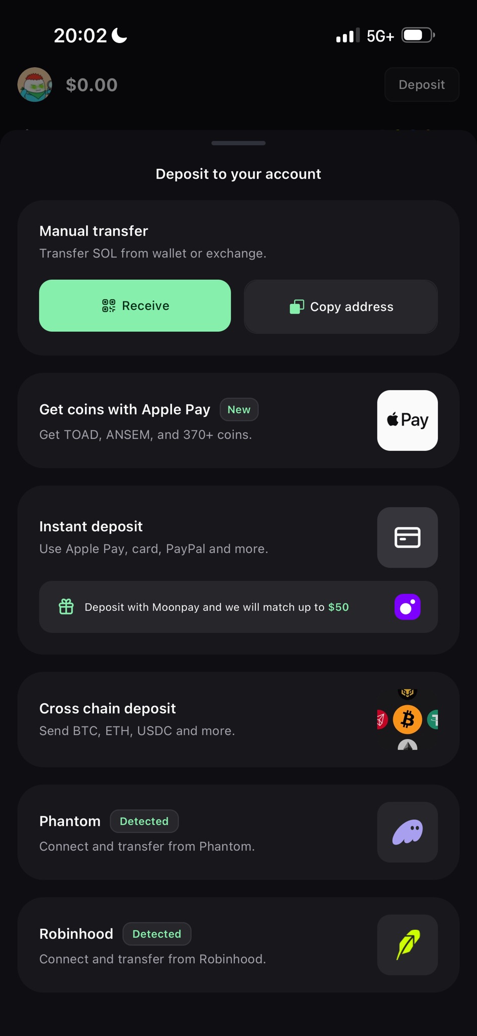 Pump deposit selection screen showing MoonPay instant deposit
