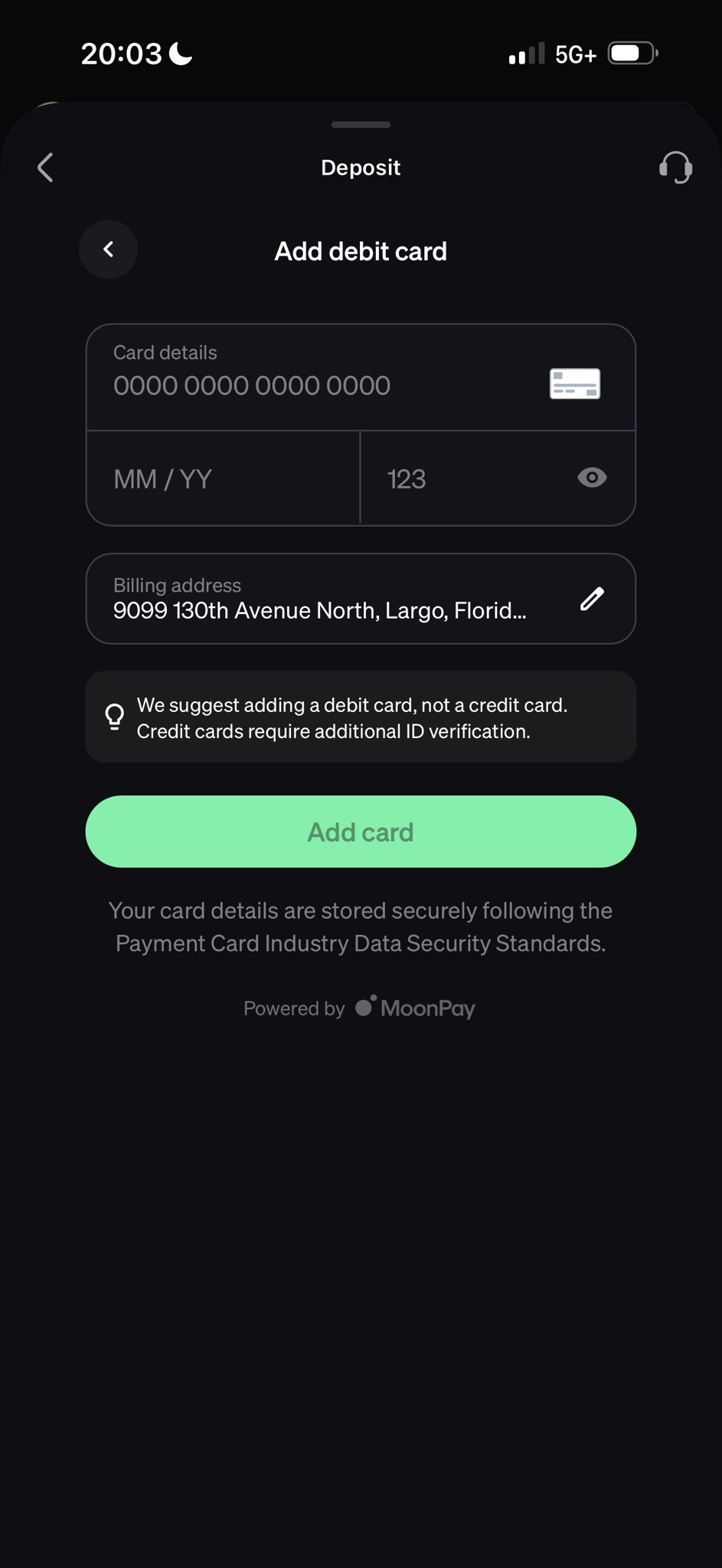 MoonPay debit card entry screen with billing address redacted