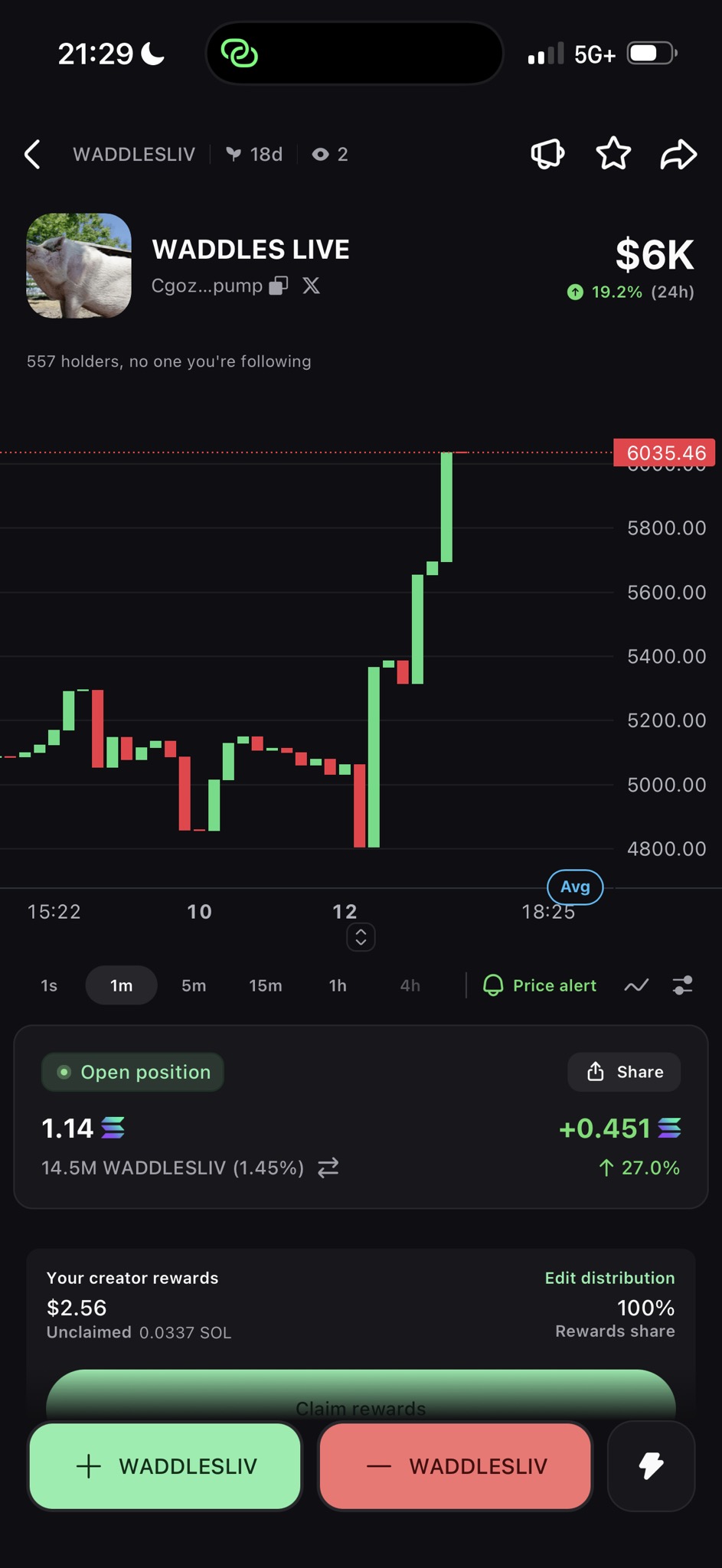 WADDLESLIV token page in the Pump mobile app