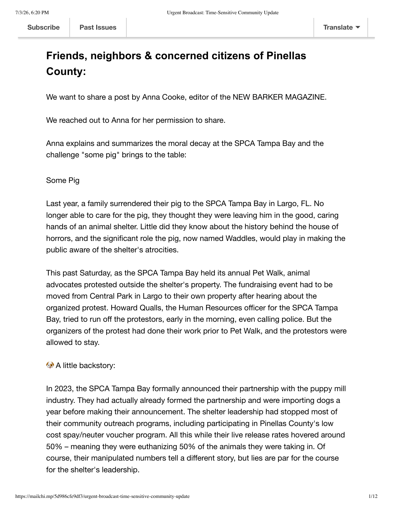 First page of the archived Urgent Broadcast: Time-Sensitive Community Update